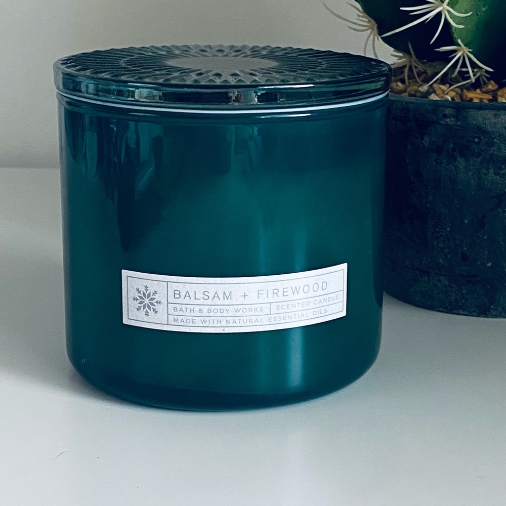 3 wick Balsam & Firewood Bath & Body Works candle.